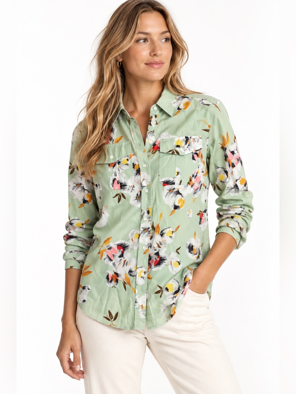Lauren Ralph Lauren Floral Button Down Shirt XS Mint Green Coastal Preppy